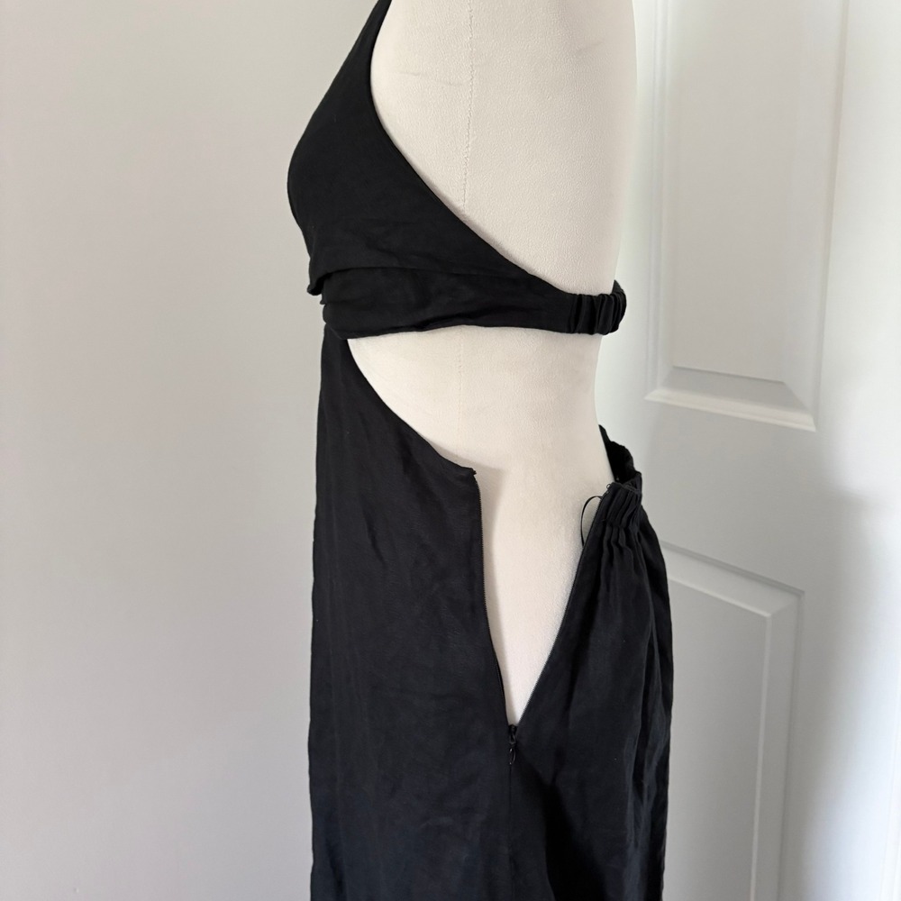 Banana Republic Lisa Midi Dress 100% Linen Small Black Halter Cutout Twist Front - Picture 8 of 15